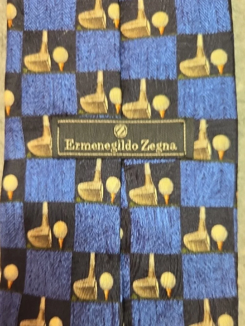 Ermenegildo Zegna Men's Blue and Black Checker Silk Tie with Golf Motif 3.85x59
